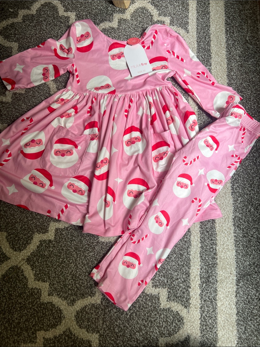 MILA & ROSE Girls' Pink Santa Print Long-Sleeve Dress and Leggings Bundle